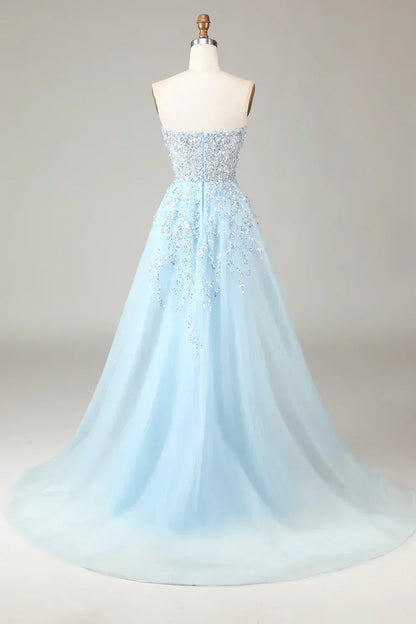 Sparkling Light Blue A-Line Corset Ball Gown with Split - Sophia