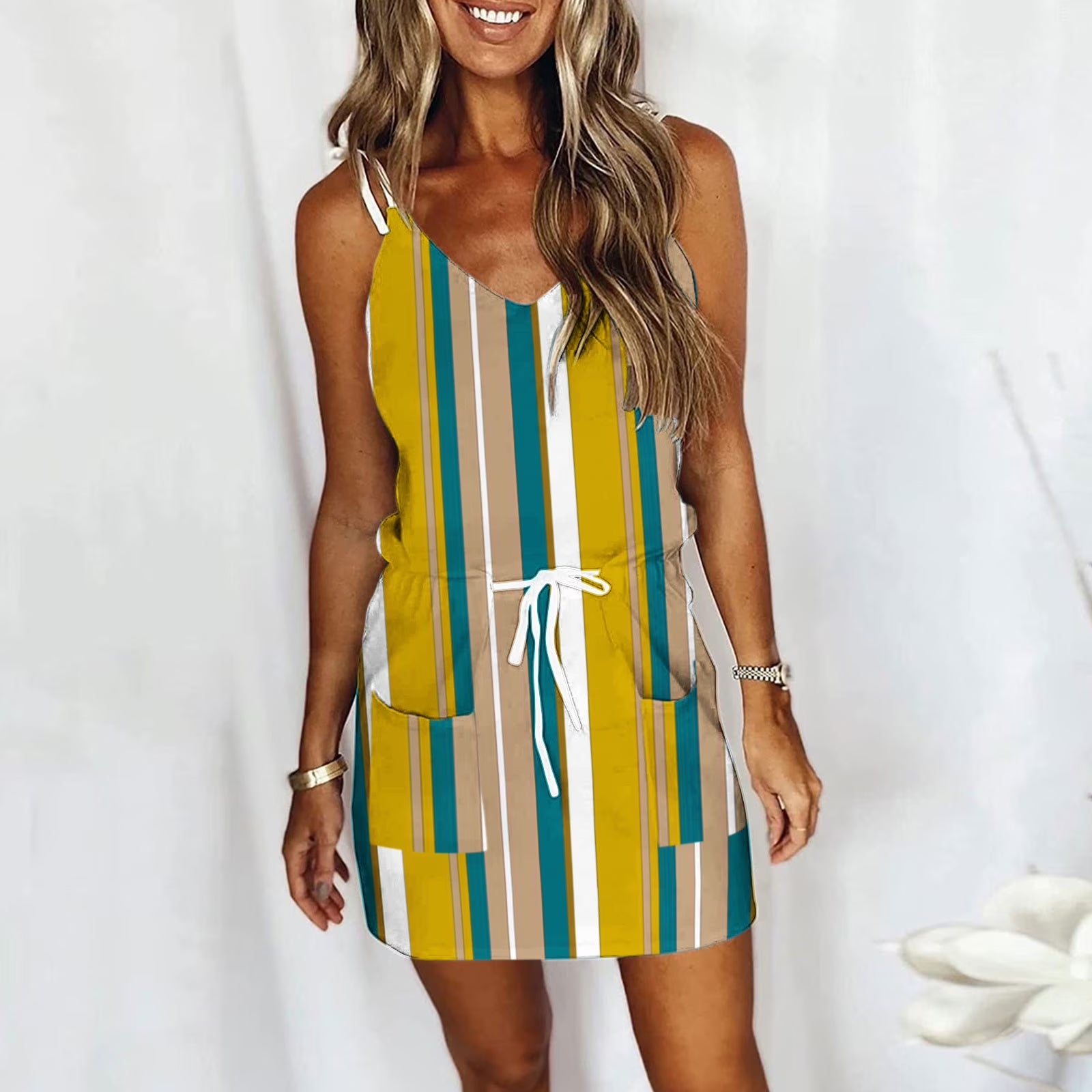 Usmixi Womens Summer Mini Sundress Vacation Floral Print Drawstring Pocket Short Dress V Neck Sleeveless Spaghetti Strap Dresses for Beach Yellow XXL up to 65% Off