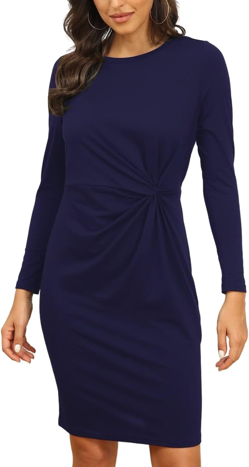 Womens Long Sleeve Twist Knot V Neck Wrap Sheath Ruched Vintage Sparkly Glitter Split Bodycon Pencil Mini Dress