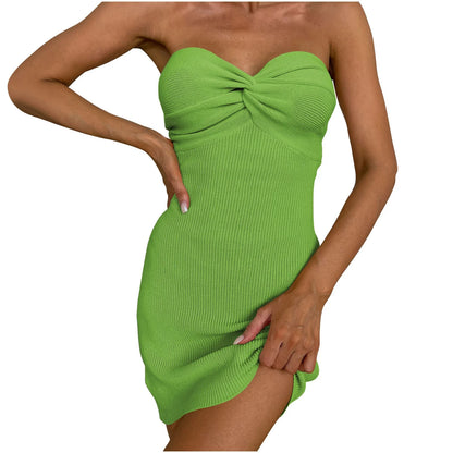 Womens Dresses Sleeveless Tube Top Solid Mini Summer Dress Party Club Sexy off Shoulder Bodycon Knitted Dresses Green