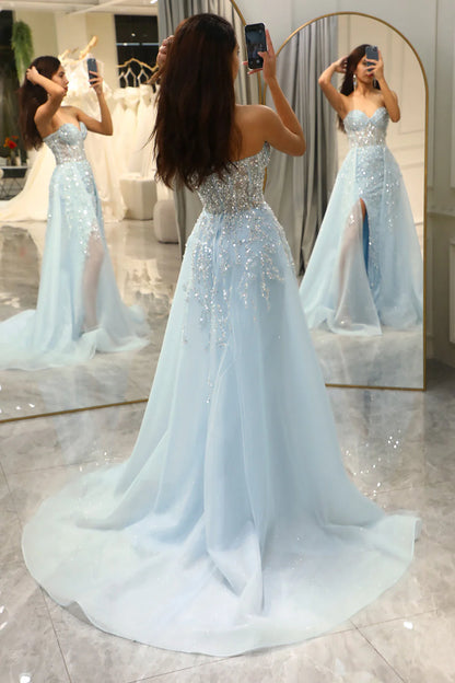 Sparkling Light Blue A-Line Corset Ball Gown with Split - Sophia