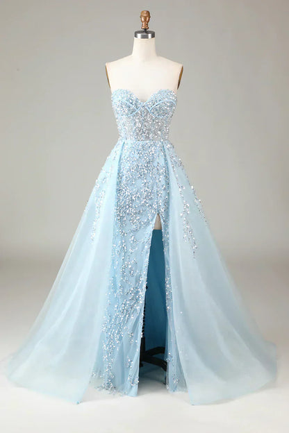 Sparkling Light Blue A-Line Corset Ball Gown with Split - Sophia