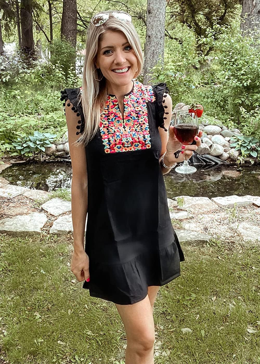 Women'S 2026 Summer Mini Dress Spring Casual V Neck Floral Embroidered Ruffle Sleeveless Shift Flowy Boho Dress