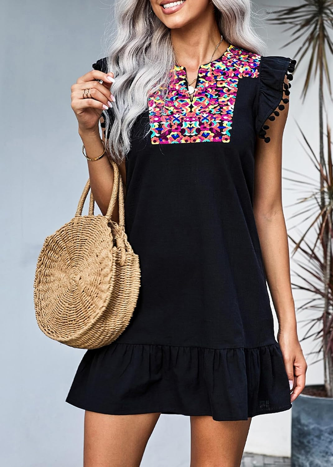Women'S 2026 Summer Mini Dress Spring Casual V Neck Floral Embroidered Ruffle Sleeveless Shift Flowy Boho Dress