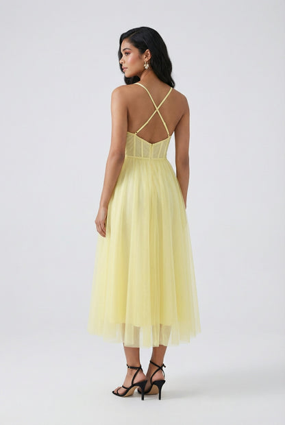 Women'S Yellow Formal Midi Dress