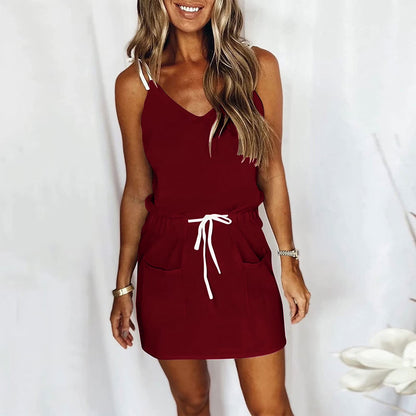 Ganfancp Womens Summer Mini Sundress Vacation Floral Print Drawstring Pocket Short Dress V Neck Sleeveless Spaghetti Strap Dresses for Beach Purple