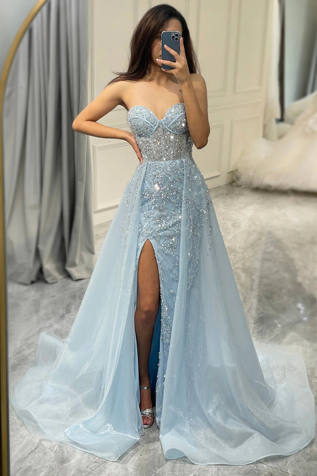 Sparkling Light Blue A-Line Corset Ball Gown with Split - Sophia