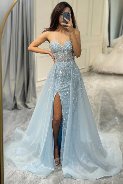 Sparkling Light Blue A-Line Corset Ball Gown with Split - Sophia