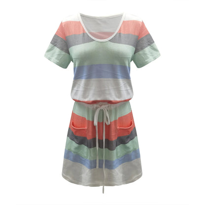 Usmixi Womens Summer Mini Sundress Vacation Floral Print Drawstring Pocket Short Dress V Neck Sleeveless Spaghetti Strap Dresses for Beach Mint Green XXL
