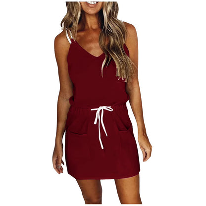 Ganfancp Womens Summer Mini Sundress Vacation Floral Print Drawstring Pocket Short Dress V Neck Sleeveless Spaghetti Strap Dresses for Beach Purple